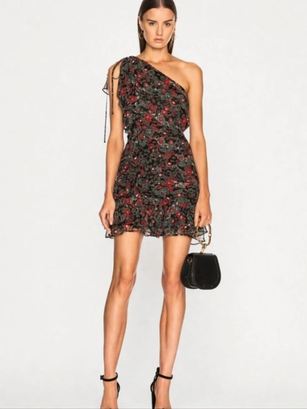 Veronica Beard Ballard One Shoulder Ruched Silk Floral Dress Black Red 6